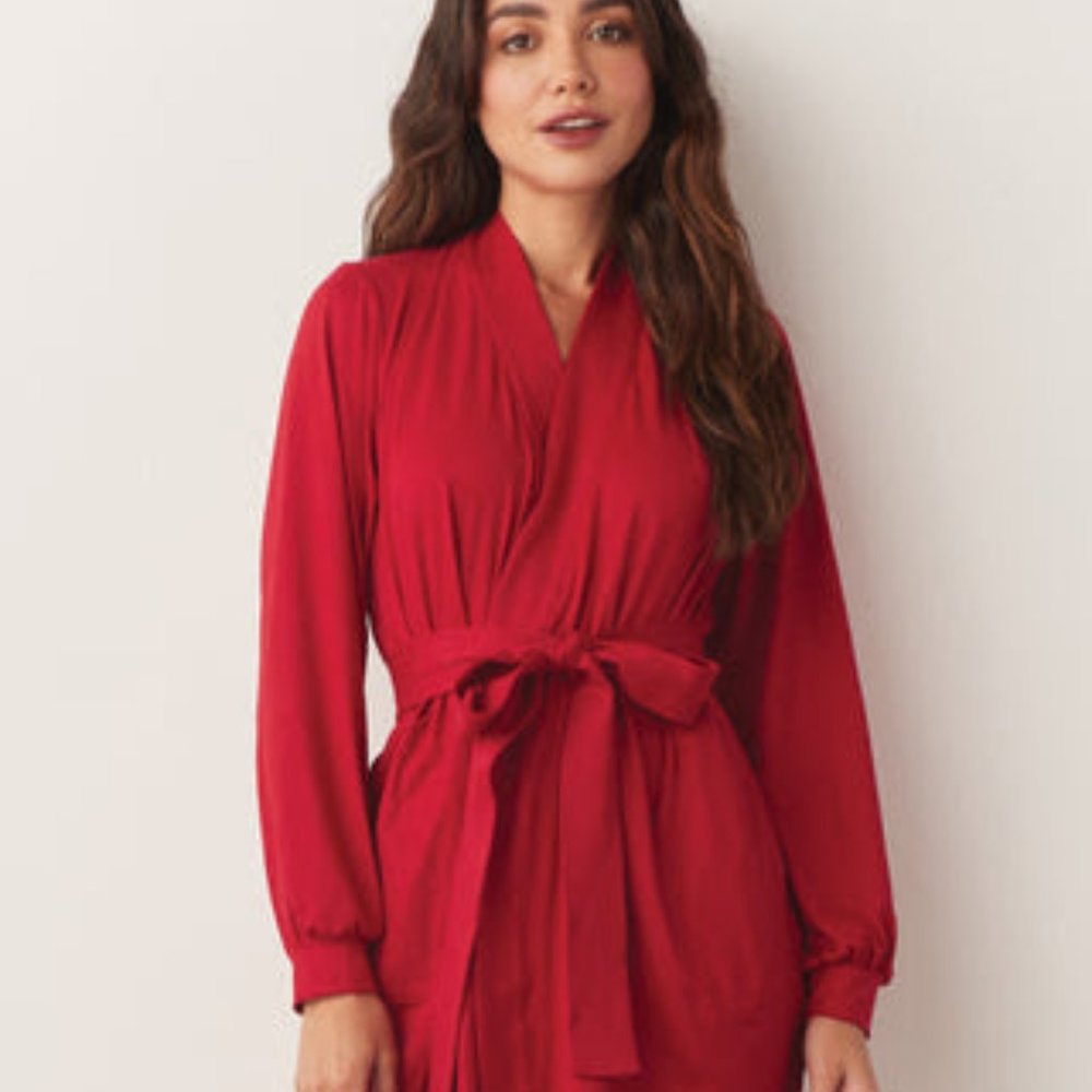 NEW MASONgrey Quinn Banded Short Robe in Crimson, Size Small